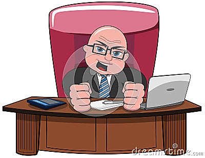 Businessman Bald Cartoon Angry Boss Desk Vector Illustration