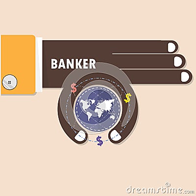 Businessman or Banker hand and small world symbol in his hand. B Vector Illustration