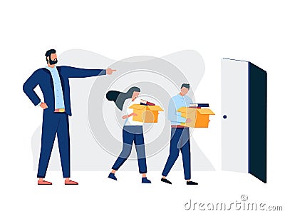 Businessman bankrupt dismiss group of employees. Dismissed business people. Fired office workers holds boxes with papers Vector Illustration