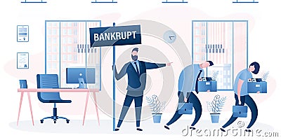 Businessman bankrupt dismiss group of employees. Dismissed business people. Fired office workers Vector Illustration