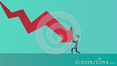 Businessman bankrupt recession loss business vector concept illustration. Man pushed red arrow downward. Failure pressure market Vector Illustration