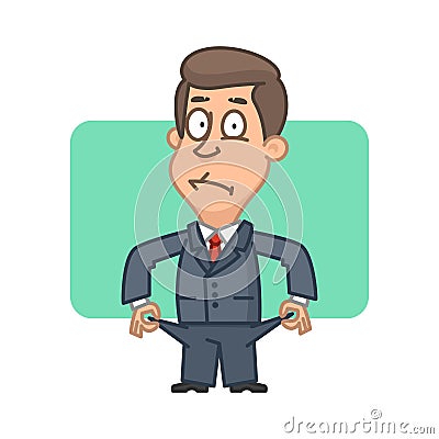 Businessman bankrupt shows everted pockets Vector Illustration