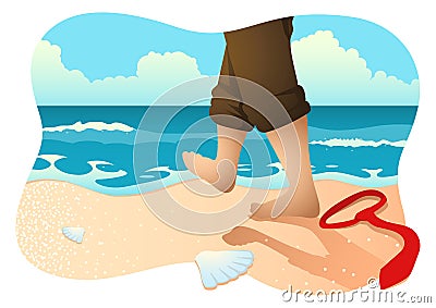 Businessman with barefoot walking on the beach Vector Illustration