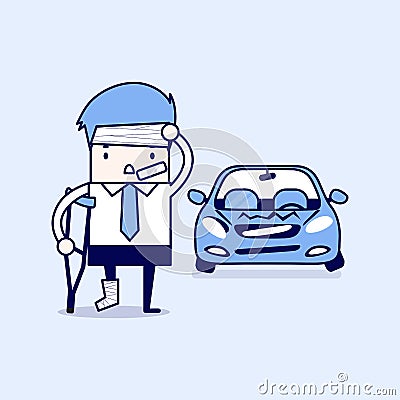 Businessman be injured with car accident. Cartoon character thin line style vector Vector Illustration