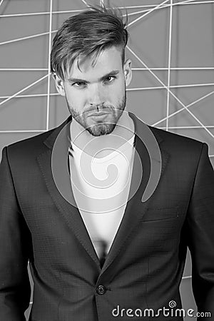 Businessman with bearded face, haircut. Man in formal suit jacket, tshirt, fashion. Mens fashion style and dress code. Busin Stock Photo