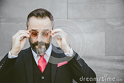 Businessman bearded Latin stylish handsome wearing sunglasses with space for text Stock Photo