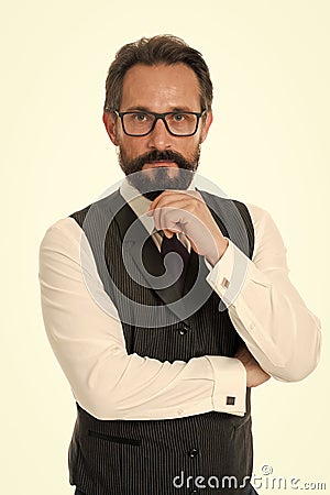 Businessman bearded thoughtful entrepreneur. Businessman thoughtful face make decision. Hard business decision Stock Photo