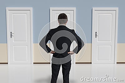 Businessman from behind is making decision and selecting the door Stock Photo