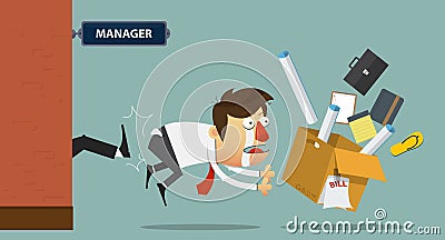 Businessman being kicked out of the door by his boss. Cartoon Vector Illustration