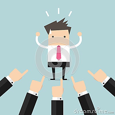 Businessman being pointed at by a lot of hands Vector Illustration