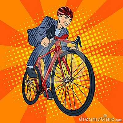 Businessman on Bicycle. Businessman Riding a Bicycle. Pop Art Vector Illustration