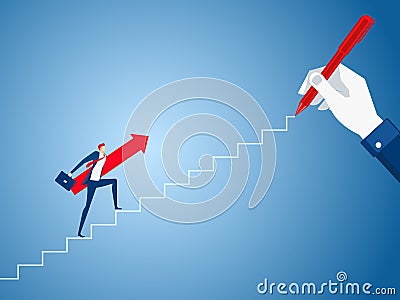 Businessman big hand drawing a line leading to the goal. Businessman with red arrow sign walking on the stairs step to success Vector Illustration