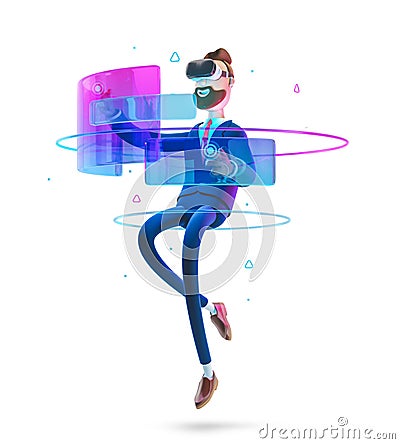 3d illustration. Businessman Billy using virtual reality glasses and touching vr interface. Cartoon Illustration