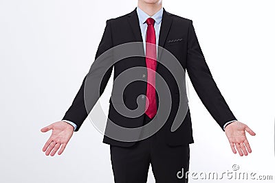 Businessman in black suit and open arms isolated on white background. Copy space and mock up. Business concept Stock Photo