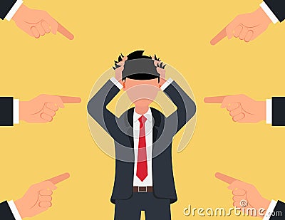 Businessman is blamed. People accusatory fingers pointed at businessman. Vector Illustration