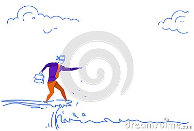 Businessman blind standing edge cliff gap abyss crisis risk concept sketch doodle Vector Illustration