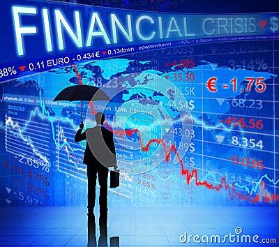 Businessman on Blue Financial Crisis Chart Stock Photo