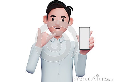 businessman in blue shirt doing call me sign finger gesture with showing phone Cartoon Illustration