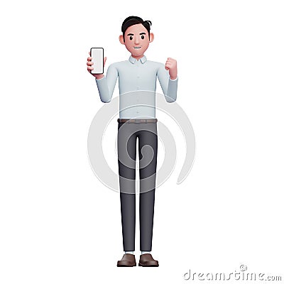 Businessman in blue shirt doing winning gesture with showing phone screen Cartoon Illustration