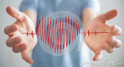 Businessman touching and holding heart beat sketch Stock Photo