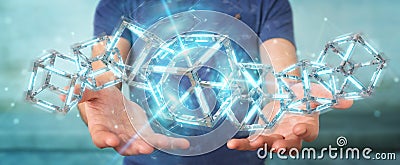 Businessman using digital blue Blockchain 3D rendering Stock Photo