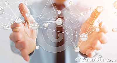 Businesman using flying network balls connection 3D rendering Stock Photo