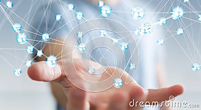 Businesman using flying network balls connection 3D rendering Stock Photo