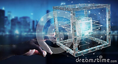 Businessman using futuristic cube textured object 3D rendering Stock Photo