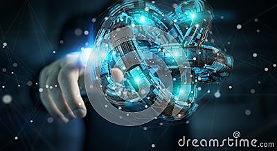 Businessman using futuristic torus textured object 3D rendering Stock Photo