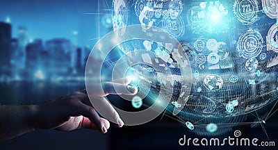 Businessman using holograms datas digital sphere 3D rendering Stock Photo