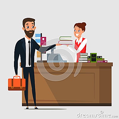Businessman in bookstore flat vector illustration Vector Illustration