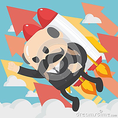 Businessman boss flying off with jet pack vector flat illustration on blue sky background on grossing arrow Vector Illustration