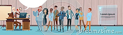 Businessman Boss Hold Megaphone Loudspeaker Colleagues Mix Race Business People Team Group Vector Illustration