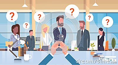 Businessman Boss Looking At His Business Team With Questiion Mark Sitting At Desk, Leader With Group Of Businesspeople Vector Illustration