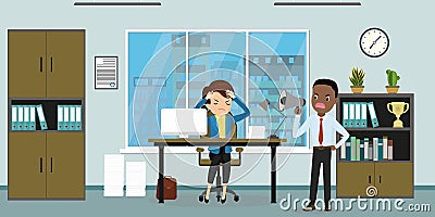 Businessman or boss shouts in megaphone on office woman Vector Illustration