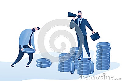 Businessman boss standing on stacks of coins and unhappy employee carries coins Vector Illustration