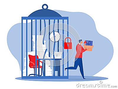 businessman with a box in hands leaves work. unlocking cage and comfort zone ,freedom concept , Vector Illustration