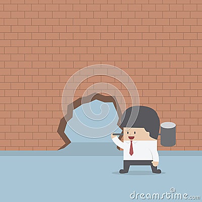 Businessman breaking the wall with hammer Vector Illustration