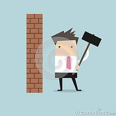 Businessman breaking wall with hammer Vector Illustration