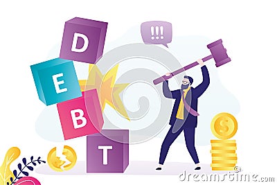 Businessman breaks cubes with inscription debt. Entrepreneur getting out of debt, bills. Male character solves financial problems Vector Illustration