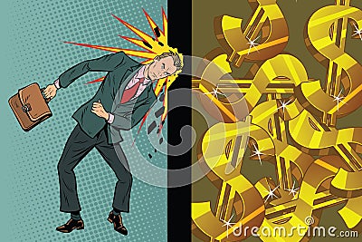 Businessman breaks the wall of his head, dollars and wealth Vector Illustration