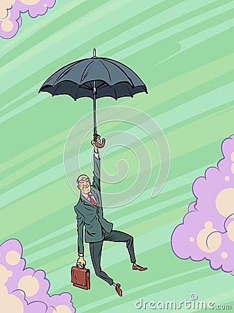 A businessman with a briefcase is flying on an umbrella. Business goal and development. Movement towards a dream Vector Illustration