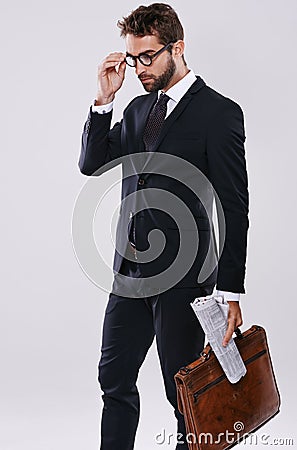 Businessman, briefcase and professional career in studio as journalist with newspaper or international report, article Stock Photo