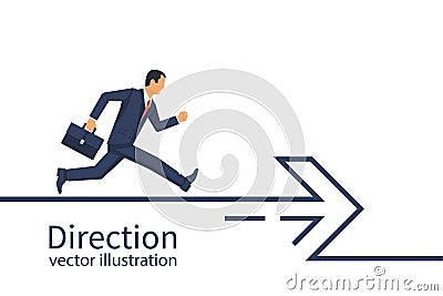 Businessman with a briefcase runs along the direction line Vector Illustration