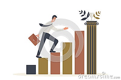 Businessman with briefcase runs up steps to his goal, motivation to move up career ladder, way to reach top and cup Vector Illustration