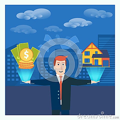 Businessman or broker balancing money and house in his hands. Re Vector Illustration