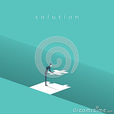 Businessman building bridge over gap with jigsaw puzzle as a symbol of business solution concept. Vector Illustration