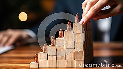 Businessman building a tower of wooden blocks. Concept of business success Stock Photo