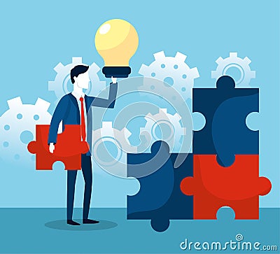 Businessman with bulb idea and puzzles with gears Vector Illustration