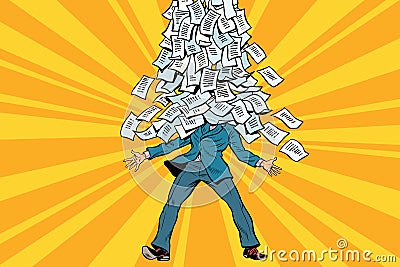 Businessman and bureaucracy, a mountain of paperwork Vector Illustration